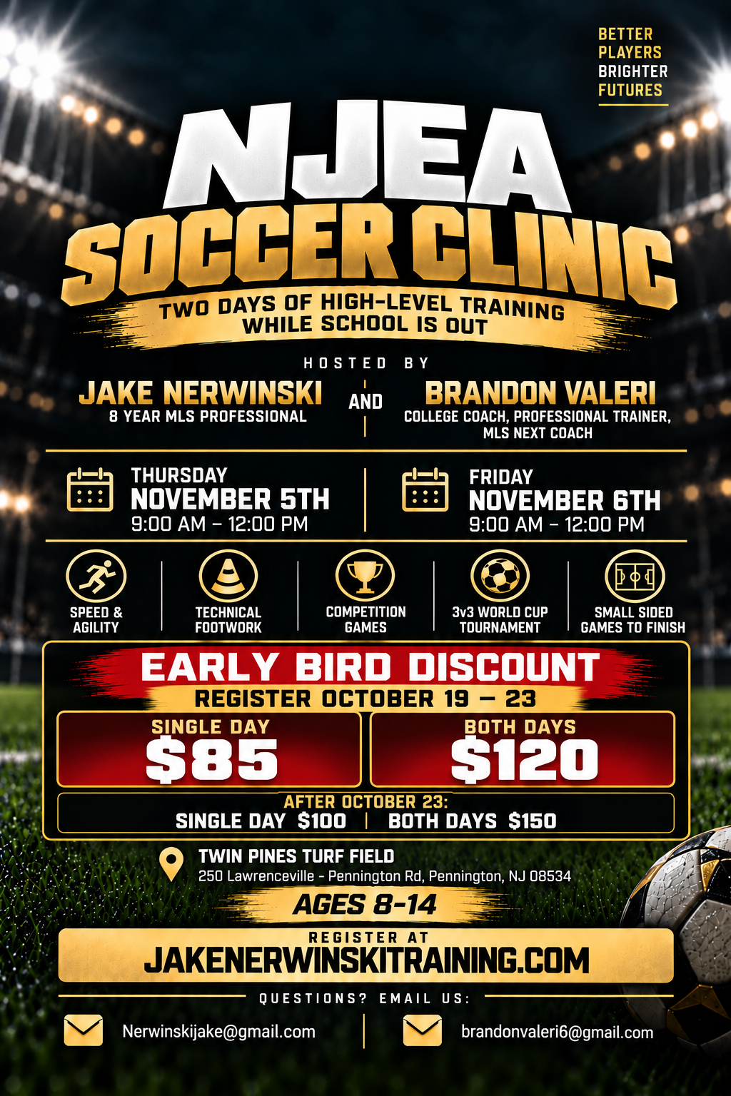 NJEA Soccer Clinic flyer — hosted by Jake Nerwinski and Brandon Valeri, Thursday November 5th and Friday November 6th, 9:00 AM to 12:00 PM at Twin Pines Turf Field in Pennington, New Jersey, ages 8 to 14